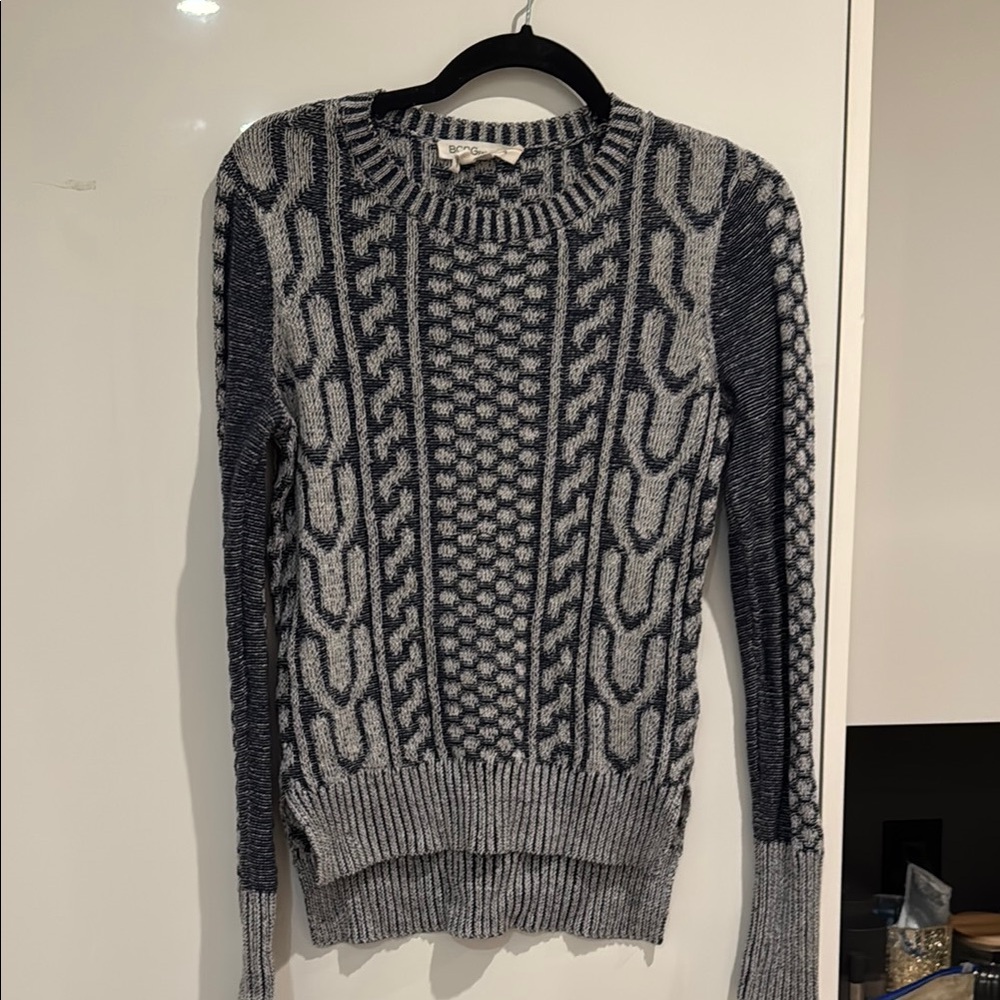 BCBGeneration Gray and Blue Crew Neck Sweater with Geometric Pattern